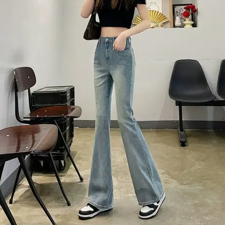 唐狮24春季新款牛仔裤女高腰显瘦微喇叭裤修身复古水洗潮流韩版图片