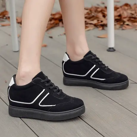 秋冬复古百搭休闲鞋黑色厚底鞋增高运动鞋女款新款女鞋低帮松糕鞋商品大图