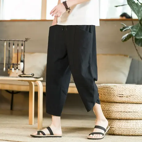 亚麻七分裤男夏季薄款中国风短裤宽松灯笼裤直筒阔腿棉麻沙滩裤潮商品大图