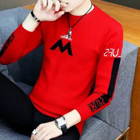 毛衣男2023春秋季新款圆领线衫潮流秋冬装帅气加绒加厚打底针织衫商品大图