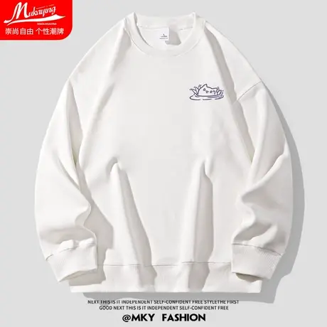 日系简约个性慵懒风宽松大码圆领卫衣男女白色春秋款情侣百搭上衣商品大图