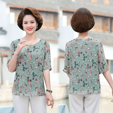 妈妈气质打底衫薄款中老年中袖上衣t恤 中年妇女夏装碎花衬衫洋气商品大图