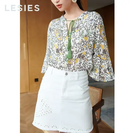 蓝色倾情 春秋新款女装 波西米亚碎花系带宽松七分袖上衣衬衫商品大图