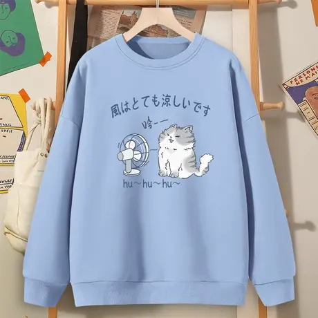 秋季卫衣女2023新款圆领宽松长袖上衣蓝色薄款无帽小个子女款外套商品大图