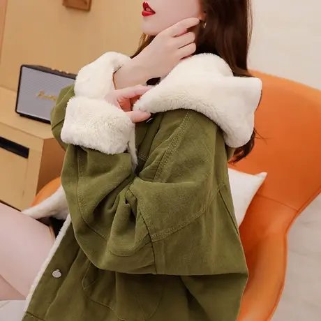 加绒加厚连帽工装外套女2023新款秋冬慵懒风宽松设计感网红派克服商品大图