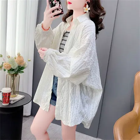 中长款镂空钩花衬衫外套女春季2023新款宽松洋气减龄长袖开衫上衣商品大图