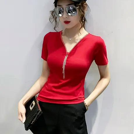 2023新款气质女装性感V领钻链T恤女短袖夏百搭洋气上衣显瘦小衫女商品大图