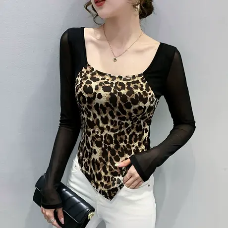 女装2023新款潮性感豹纹T恤洋气方领上衣紧身内搭打底衫女长袖春商品大图
