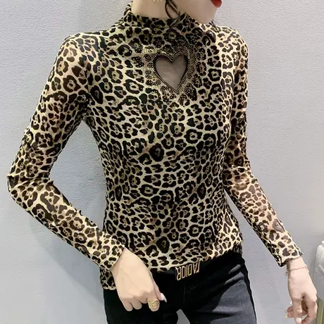 加绒加厚半高领打底衫女秋冬网纱烫钻镂空上衣性感豹纹长袖T恤ins商品大图