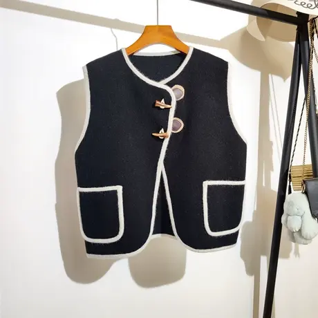 牛角扣针织马甲开衫女秋冬新款韩版宽松圆领加厚毛衣背心马夹外套商品大图