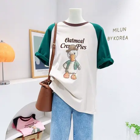 2023夏装新款插肩袖体恤~韩国东大门ins卡通减龄休闲拼色短袖上衣图片