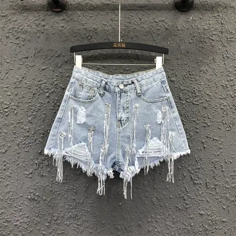 链条流苏设计感破洞毛边牛仔短裤女夏2023新款显瘦辣妹洋气阔腿裤商品大图