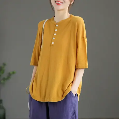 dza文艺复古圆领套头短袖t恤女士新款2022夏季打底衫上衣宽松体恤商品大图