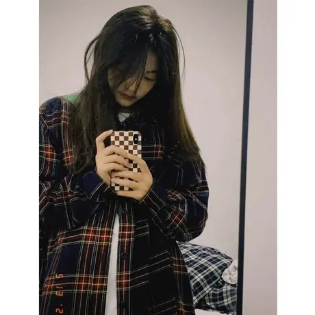 格子衬衫女秋季宽松韩版设计感小众法式别致长袖上衣美式复古外套图片