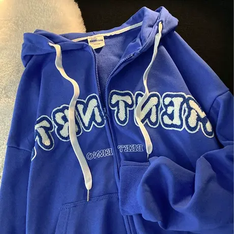 克莱因蓝卫衣女宽松韩版ins连帽上衣设计感小众春秋薄款开衫外套图片