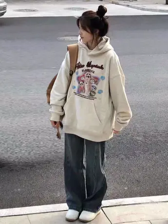 美式复古hiphop潮牌卫衣女春秋薄款宽松韩版慵懒风连帽小个子外套商品大图