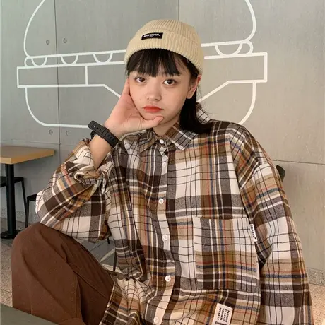 红续自制春秋新款韩版复古百搭学院风宽松格子长袖衬衫衬衣女外套图片