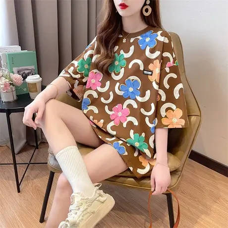 胖mm上衣女chic宽松百搭卡其闺蜜装t恤ins潮大码oversize短袖夏季商品大图