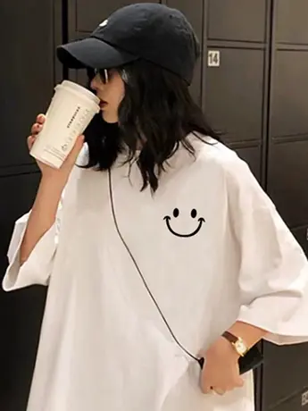 简约百搭休闲中长款字母印花洋气短袖圆领T恤女春夏显瘦韩版上衣图片