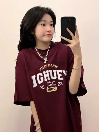 酒红色纯棉短袖t恤女夏季美式复古潮oversize宽松设计感小众上衣商品大图