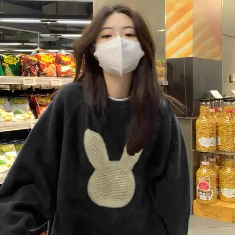 圆领卫衣女2023新款黑色宽松显瘦oversize美式复古港味chic上衣服商品大图