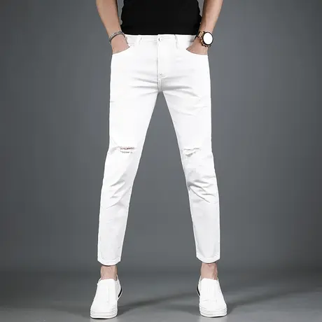 2023夏季新款白色破洞九分牛仔裤男修身小脚轻薄款弹力男士裤子商品大图