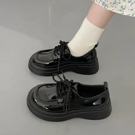 英伦风系带厚底增高秋季小皮鞋女2023新款黑色圆头配裙子百搭单鞋图片