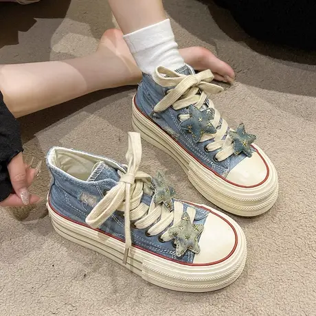 高帮鞋女2023秋季新款休闲风耐穿厚底松糕学生星星帆布鞋运动单鞋图片