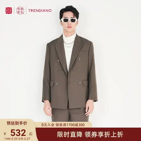 TRENDIANO官方男装春秋季潮牌宽松双排扣羊毛呢料西装外套男西服图片