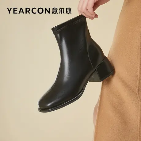 意尔康女靴2023秋冬季新款加绒保暖小短靴女粗跟方头短筒靴子法式图片