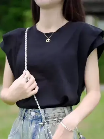 2023夏季新款圆领简约洋气减龄打底衫法式修身高腰百搭显瘦T恤女图片