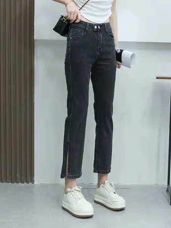 欧货2023春夏新款黑色烟管裤女高腰开叉九分小个子直筒裤潮牛仔裤商品大图