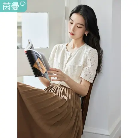 茵曼法式别致衬衫2023夏女装新款圆领口袋短袖镂空蕾丝小衫上衣图片