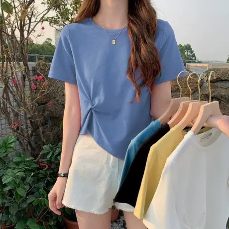 夏季2023年新款短款不规则别致薄款冰丝短袖T恤女装宽松上衣服潮商品大图