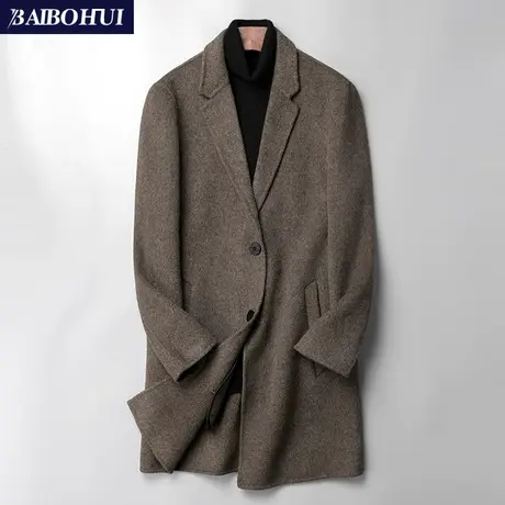 秋冬双面呢大衣男中长款手工无羊绒韩版修身羊毛呢子风衣男士外套图片
