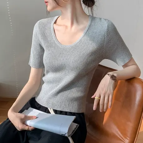 薄款圆领短袖针织衫女2024春季新款修身纯色简约百搭正肩别致上衣商品大图