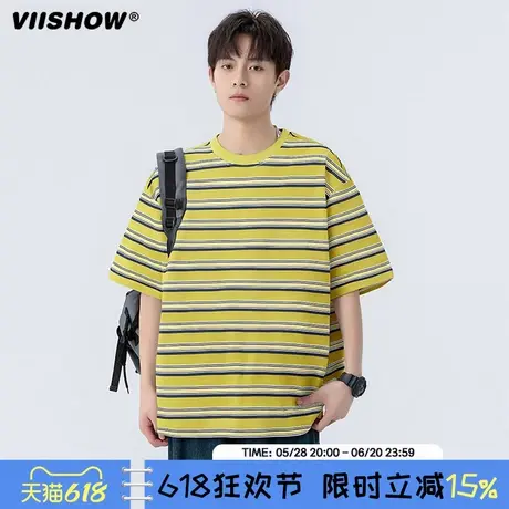 VIISHOW夏季新款圆领t恤韩版男生条纹宽松短袖潮流凉感舒适半袖男商品大图
