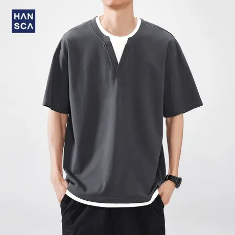 hansca 夏季薄款凉感假两件短袖T恤男款2025新款宽松撞色休闲上衣商品大图