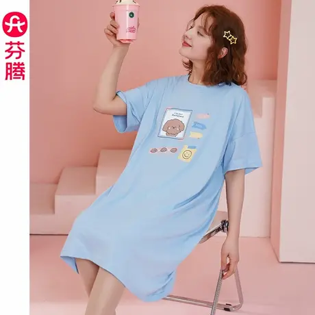 芬腾短袖睡裙女夏季薄款纯棉睡衣裙少女可爱大码夏天家居服连衣裙商品大图