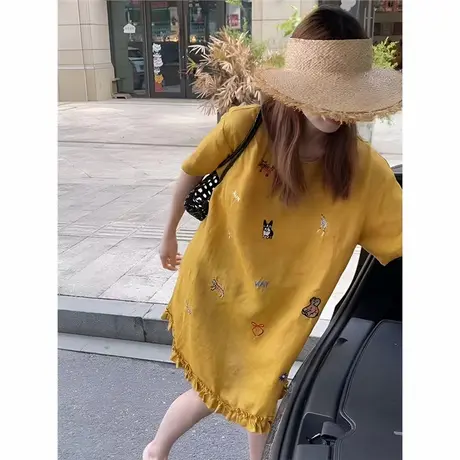 爵莱菲大码亚麻卡通刺绣短袖连衣裙女2025下摆木耳边气质中长裙图片