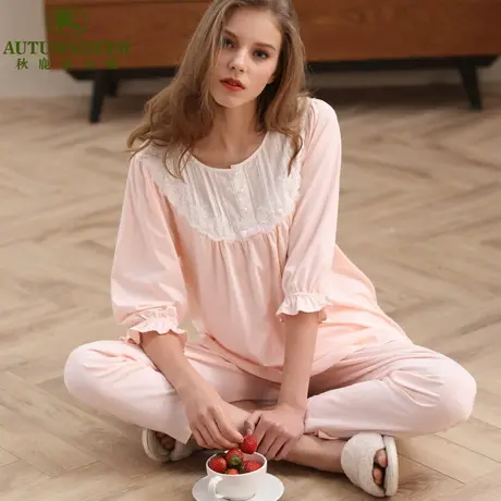 秋鹿春夏季新品睡衣女棉质七分袖长裤甜美蕾丝女士家居服套装商品大图