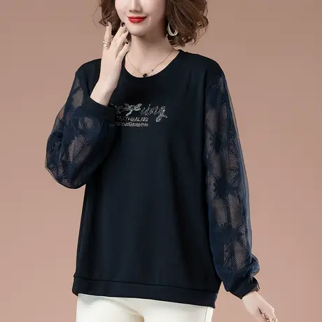 打底衫女春季加肥加大码女装宽松洋气百搭烫钻蕾丝拼接长袖t恤女商品大图