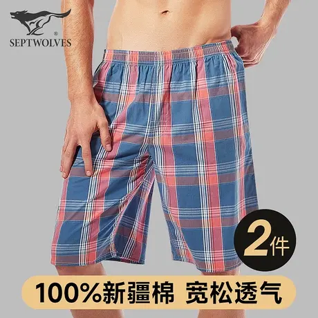 七匹狼格子简约睡裤男士夏季纯棉棉布薄款沙滩短裤家居裤休闲外穿商品大图