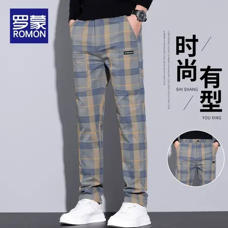 罗蒙男士秋季格子休闲裤男款2025新款百搭弹力男裤修身直筒裤子男商品大图