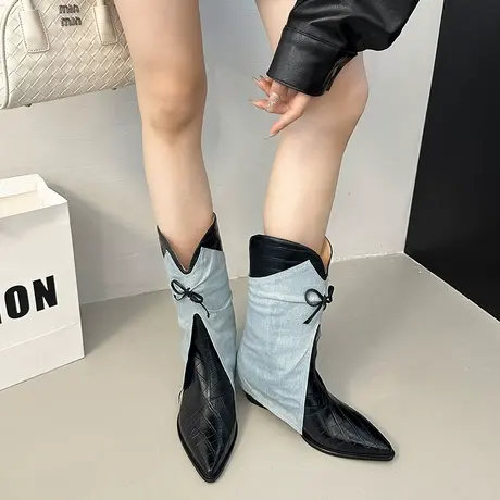 法式粗跟牛仔靴女2025年秋季新款尖头气质百搭短筒靴显瘦增高靴子商品大图