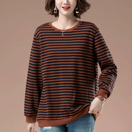 卫衣女秋冬新款加肥加大码女装宽松中年妈妈百搭圆领条纹显瘦上衣商品大图
