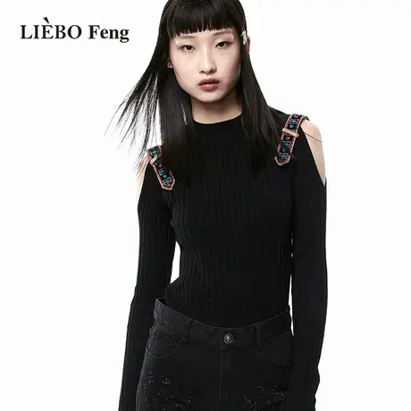 裂帛LIEBOFeng商场同款2023年设计师刺绣修身露肩套头针织衫上衣商品大图