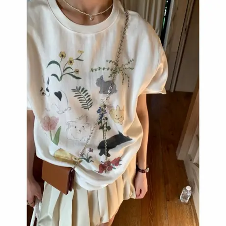 可爱卡通趣味兔子印花短袖t恤夏宽松百搭休闲纯棉圆领上衣女韩版图片