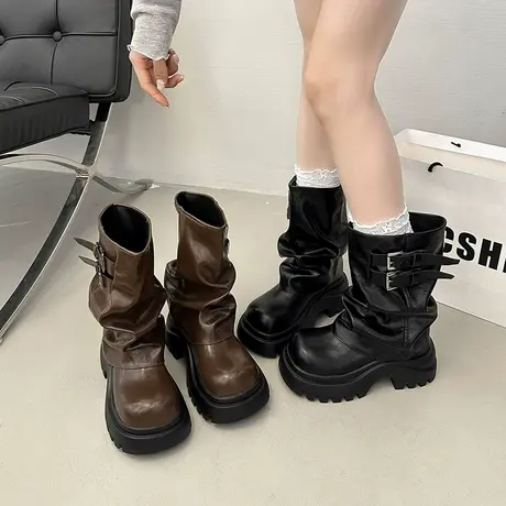 厚底气质马丁靴女2025新款秋季网红爆款堆堆靴小个子增高骑士短靴图片