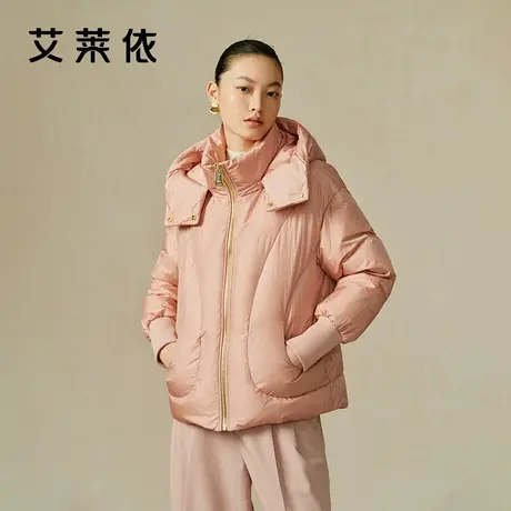 艾莱依国风短款羽绒服女修身新款连帽设计感绗缝鸭绒保暖外套冬季商品大图